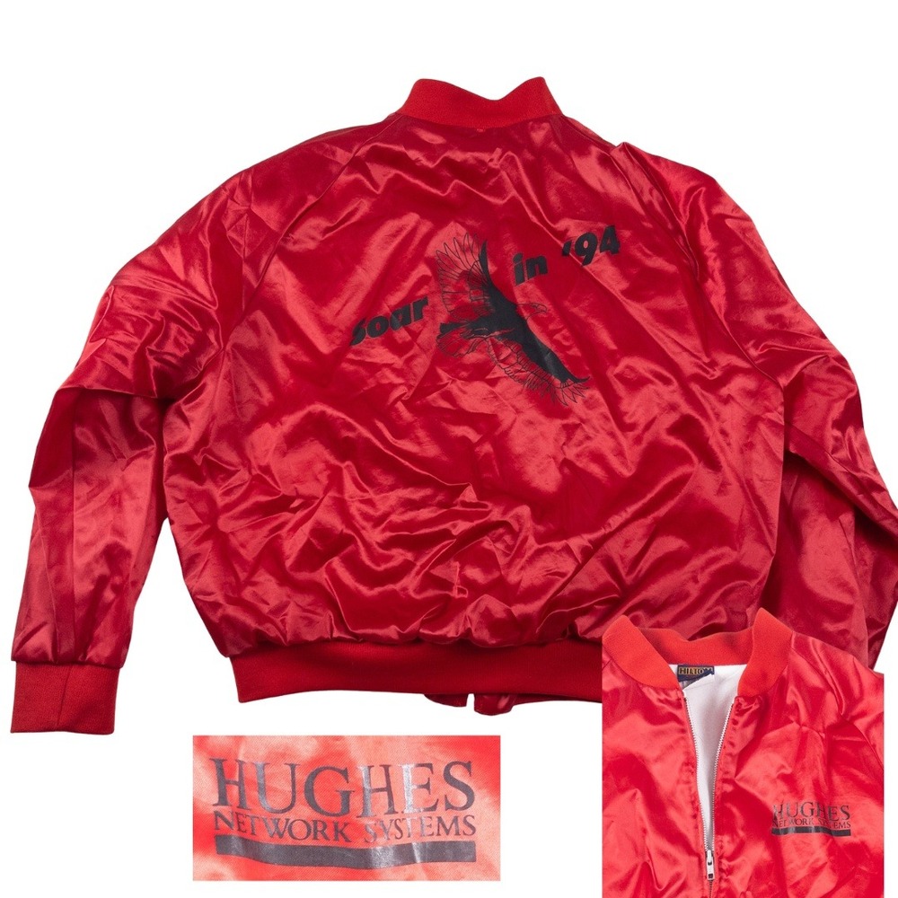 Vintage HughesNet Bomber Jacket Mens XL Red 94 Satin Tech Nerd Geek USA Computer